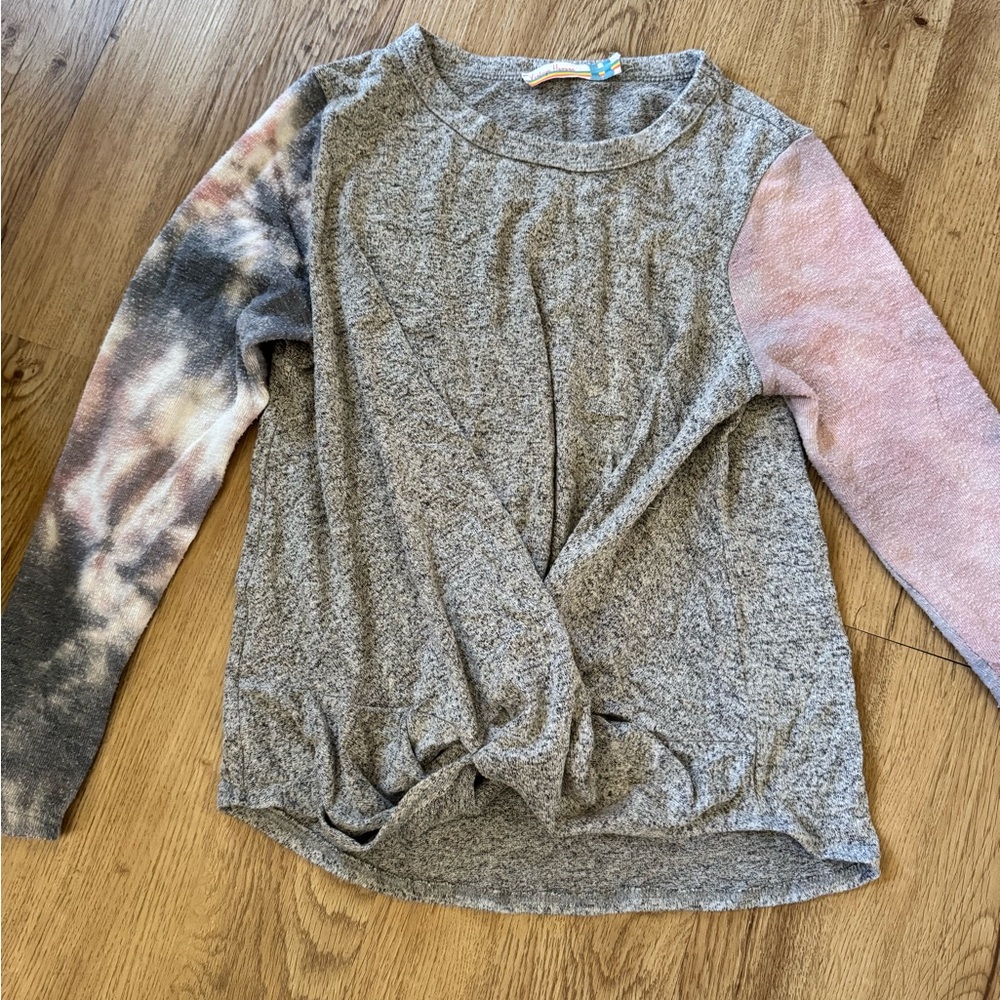 Gray Twist Front Sweater with Tie-Dye Sleeves